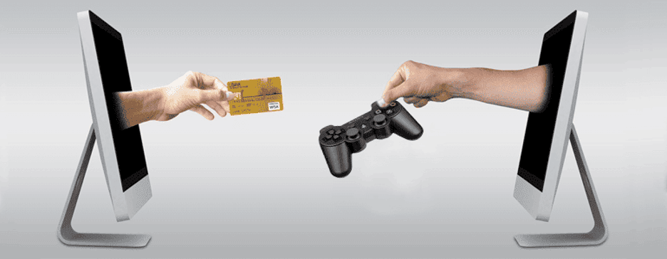 Illustration of hands exchanging a video game controller for a credit card through computer screens, representing selling video games online.